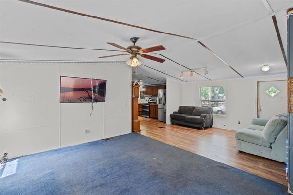 Empty room, Interior, Kitchen, Stainless Steel Appliances, Wood Texture Flooring