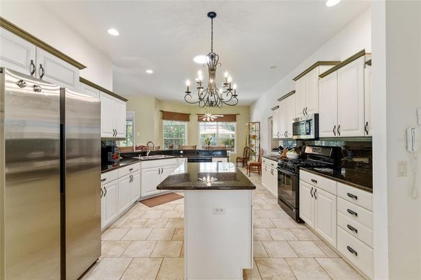 Chandelier, Interior, Kitchen, Recessed Lighting, Stainless Steel Appliances