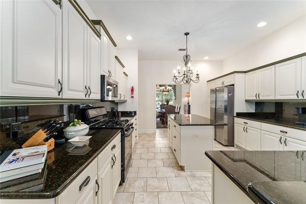 Chandelier, Interior, Kitchen, Recessed Lighting, Stainless Steel Appliances
