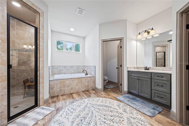 Bathroom, Glass Shower, Interior, Recessed Lighting, Wood Texture Flooring
