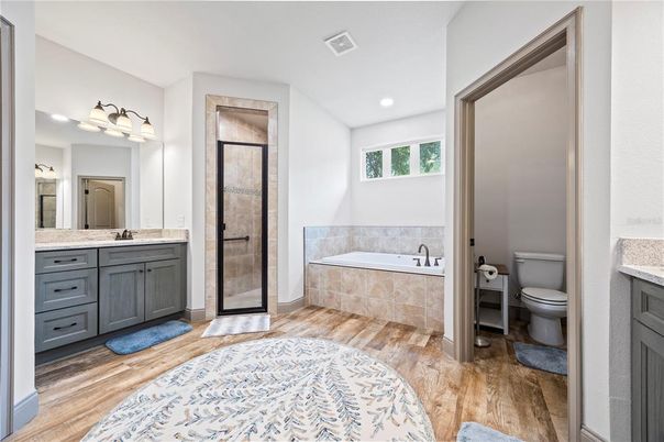 Bathroom, Interior, Recessed Lighting, Wood Texture Flooring