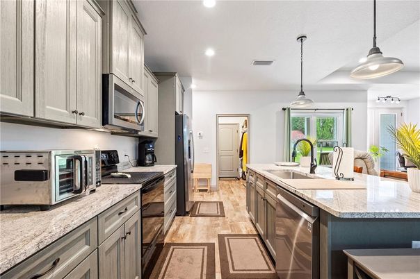 Interior, Kitchen, Pendant Lights, Recessed Lighting, Wood Texture Flooring
