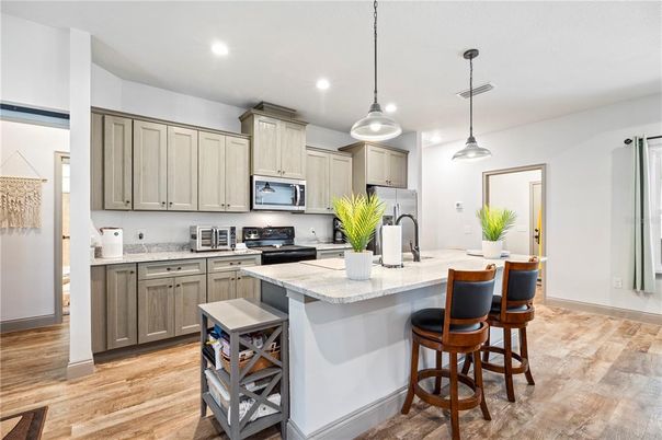 Interior, Kitchen, Pendant Lights, Recessed Lighting, Wood Texture Flooring