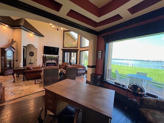 Chandelier, Fireplace, Interior, Living room, Water, Wood Texture Flooring