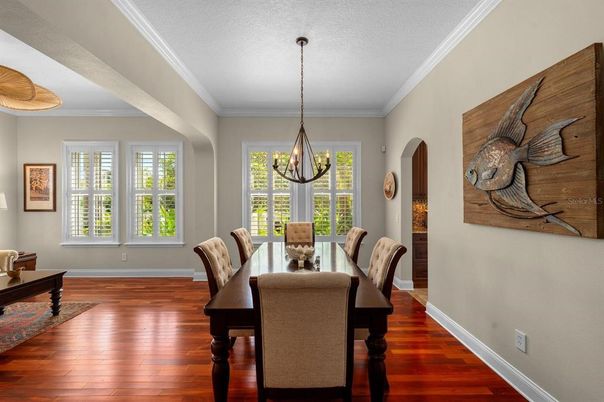 Chandelier, Dining room, Interior, Pendant Lights, Wood Texture Flooring