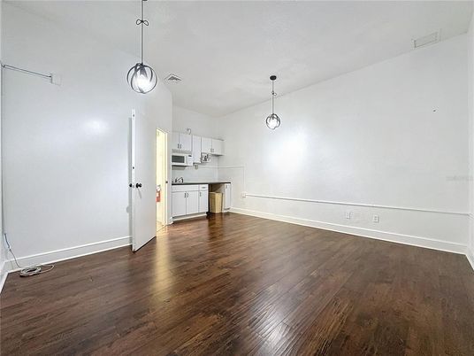 Empty room, Interior, Kitchen, Pendant Lights, Wood Texture Flooring