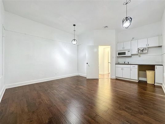 Empty room, Interior, Kitchen, Pendant Lights, Wood Texture Flooring