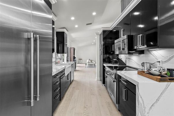 Interior, Kitchen, Recessed Lighting, Stainless Steel Appliances, Wood Texture Flooring