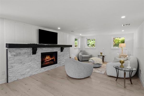 Fireplace, Interior, Living room, Recessed Lighting, Wood Texture Flooring