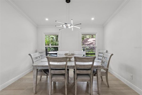 Dining room, Interior, Pendant Lights, Recessed Lighting, Wood Texture Flooring