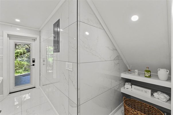 Bathroom, Glass Shower, Interior, Marble Walls, Recessed Lighting