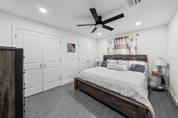 Bedroom, Interior, Recessed Lighting, Wood Texture Flooring