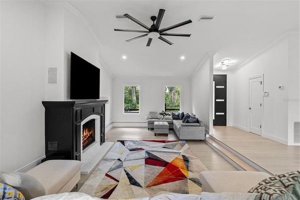Fireplace, Interior, Living room, Recessed Lighting, Wood Texture Flooring