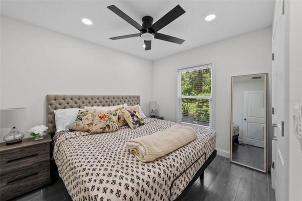 Bedroom, Interior, Recessed Lighting, Wood Texture Flooring