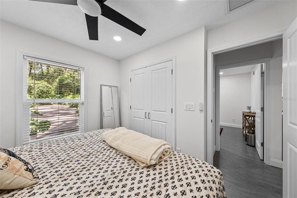 Bedroom, Interior, Recessed Lighting, Wood Texture Flooring