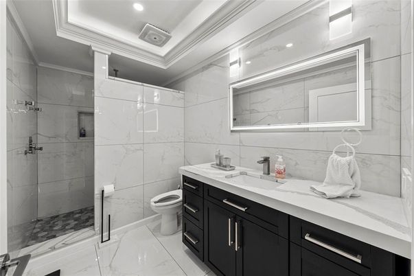 Bathroom, Glass Shower, Interior, Marble, Marble Walls, Recessed Lighting