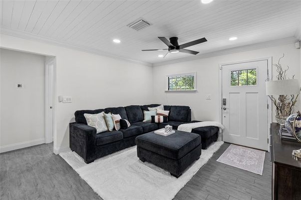 Interior, Living room, Recessed Lighting, Wood Texture Flooring