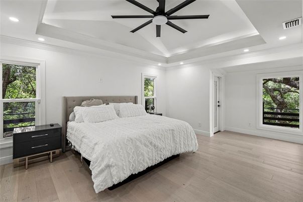 Bedroom, Interior, Recessed Lighting, Wood Texture Flooring