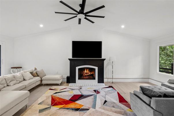 Fireplace, Interior, Living room, Recessed Lighting, Wood Texture Flooring
