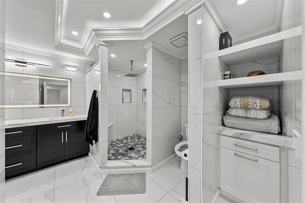 Bathroom, Glass Shower, Interior, Marble, Marble Walls, Recessed Lighting
