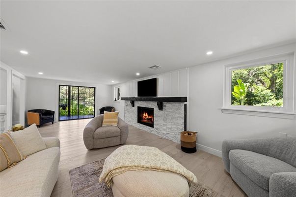 Fireplace, Interior, Living room, Recessed Lighting, Wood Texture Flooring