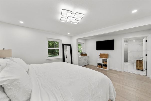 Bedroom, Interior, Marble Walls, Recessed Lighting, Wood Texture Flooring
