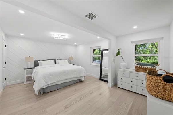 Bedroom, Interior, Recessed Lighting, Wood Texture Flooring
