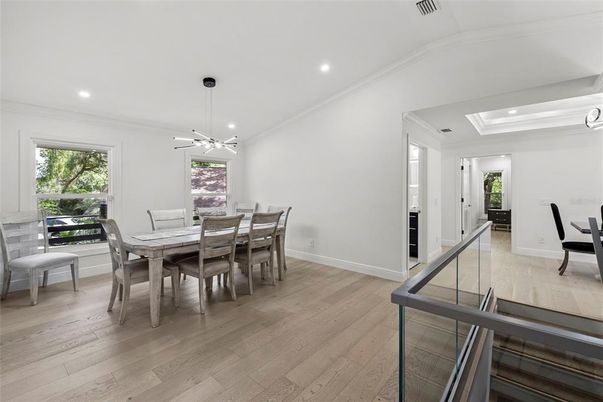 Dining room, Interior, Pendant Lights, Recessed Lighting, Wood Texture Flooring