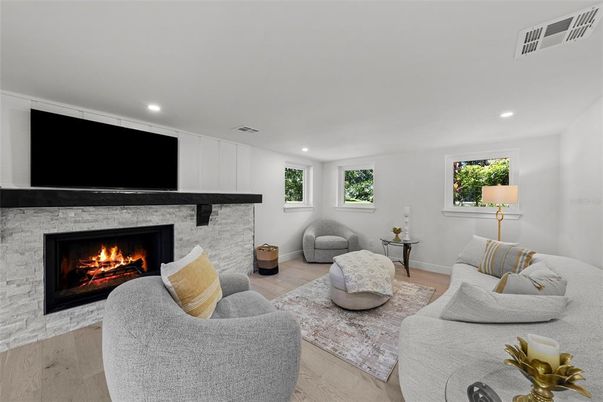 Fireplace, Interior, Living room, Recessed Lighting, Wood Texture Flooring