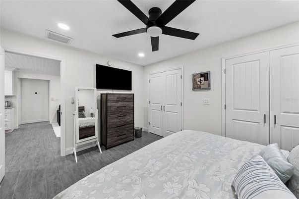 Bedroom, Interior, Recessed Lighting, Wood Texture Flooring