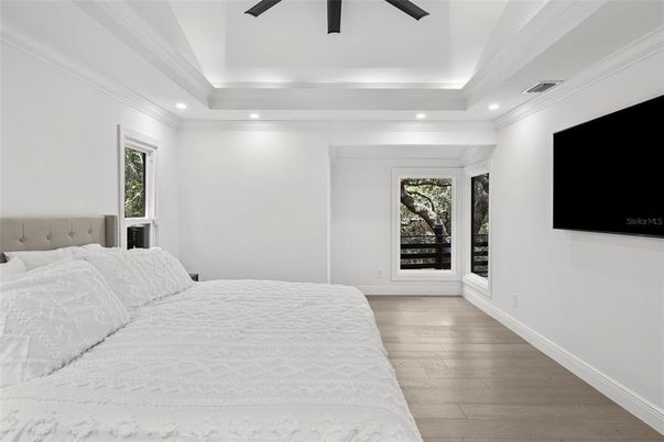 Bedroom, Interior, Recessed Lighting, Wood Texture Flooring