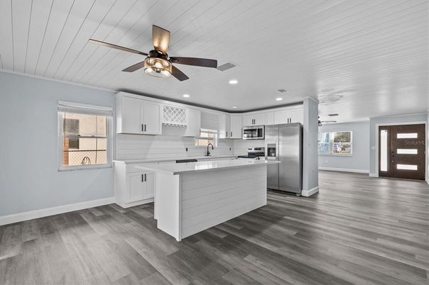 Interior, Kitchen, Recessed Lighting, Stainless Steel Appliances, Wood Texture Flooring