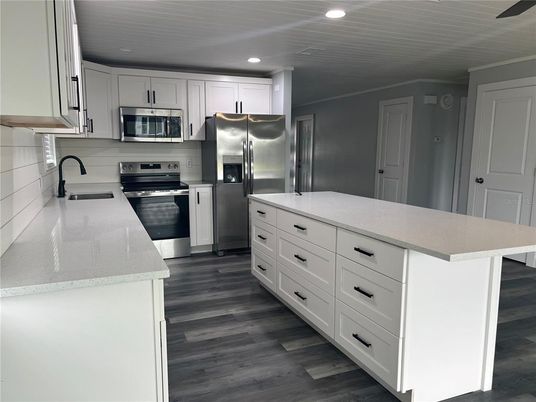 Interior, Kitchen, Recessed Lighting, Stainless Steel Appliances, Wood Texture Flooring