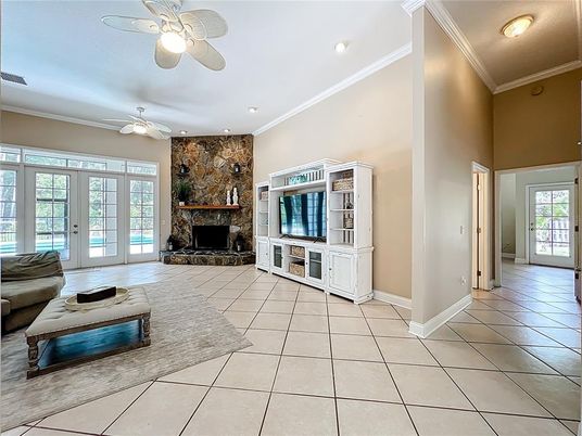 Fireplace, Interior, Recessed Lighting, Stone Walls
