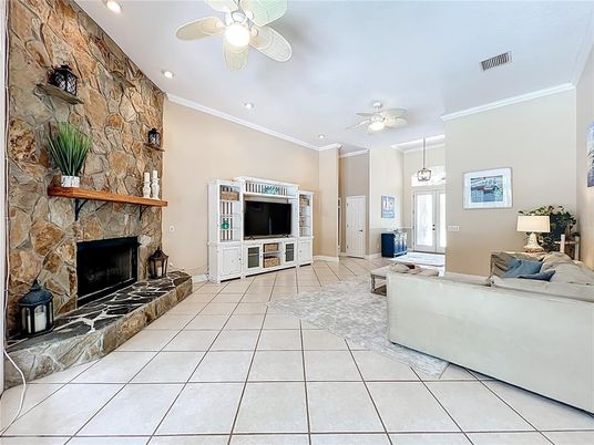 Fireplace, Interior, Living room, Pendant Lights, Recessed Lighting, Stone Walls