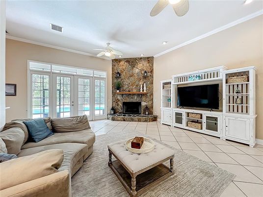 Fireplace, Interior, Living room, Recessed Lighting, Stone Walls