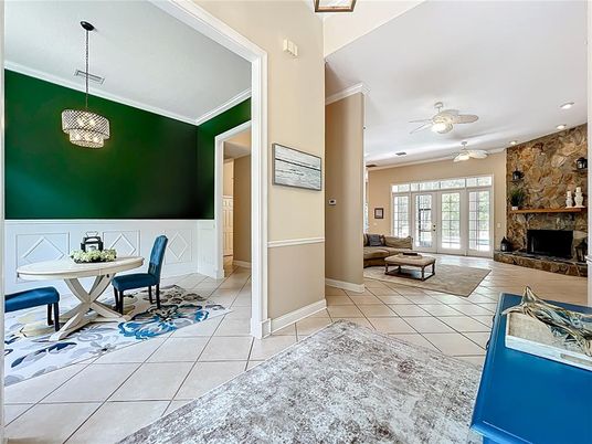Dining room, Fireplace, Interior, Pendant Lights, Recessed Lighting, Stone Walls