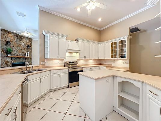 Fireplace, Interior, Kitchen, Recessed Lighting, Stone Walls