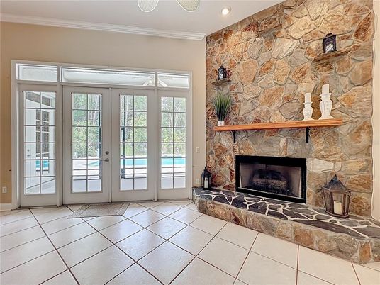 Fireplace, Interior, Recessed Lighting, Stone Walls