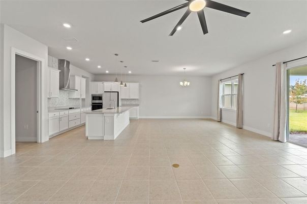 Chandelier, Empty room, Interior, Kitchen, Pendant Lights, Recessed Lighting, Stainless Steel Appliances