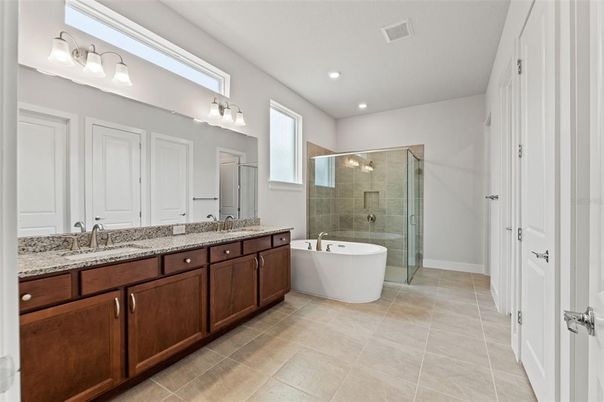 Bathroom, Dual Sink Vanities, Free Standing Baths, Glass Shower, Interior, Recessed Lighting