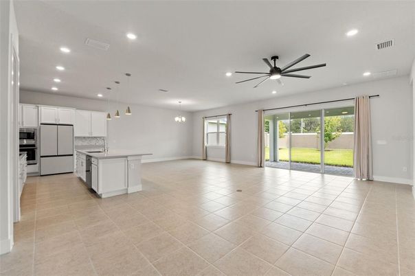 Empty room, Interior, Kitchen, Pendant Lights, Recessed Lighting, Stainless Steel Appliances
