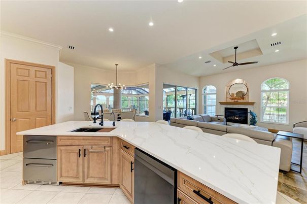 Dining room, Fireplace, Interior, Kitchen, Living room, Pendant Lights, Recessed Lighting