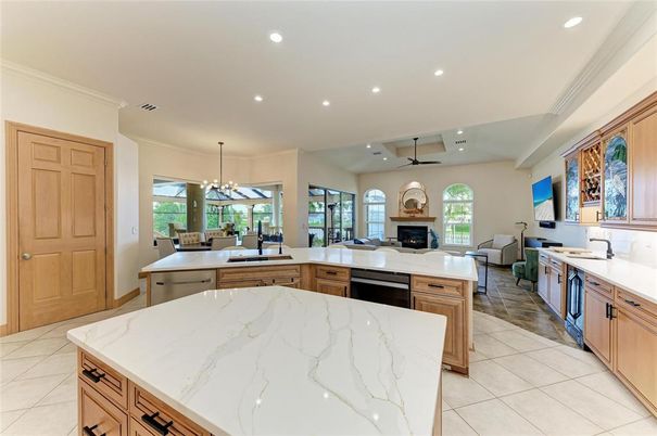 Dining room, Fireplace, Interior, Kitchen, Living room, Pendant Lights, Recessed Lighting, Stainless Steel Appliances