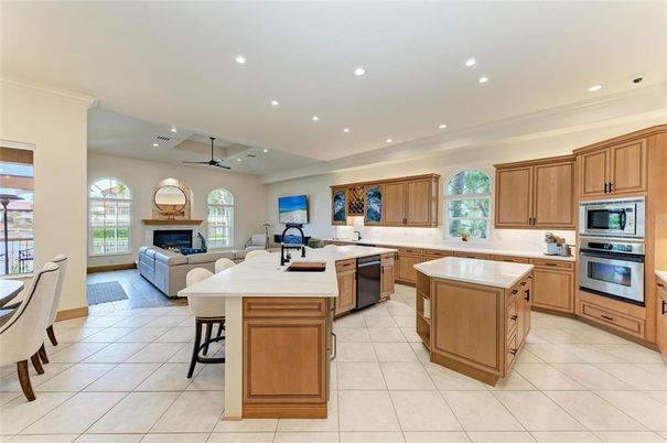 Fireplace, Interior, Kitchen, Living room, Recessed Lighting, Stainless Steel Appliances