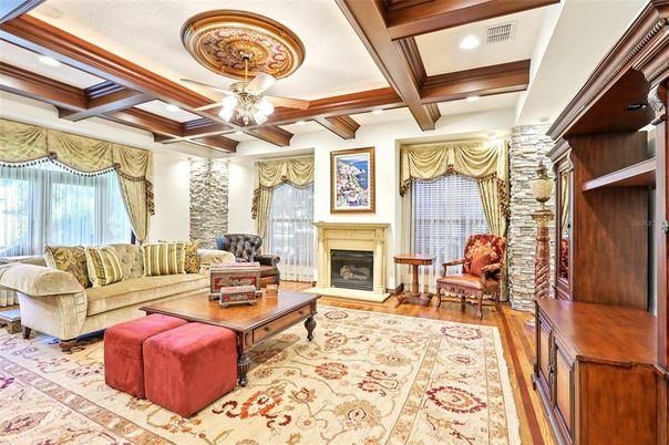 Fireplace, Interior, Living room, Recessed Lighting, Wooden Beams, Wood Texture Flooring