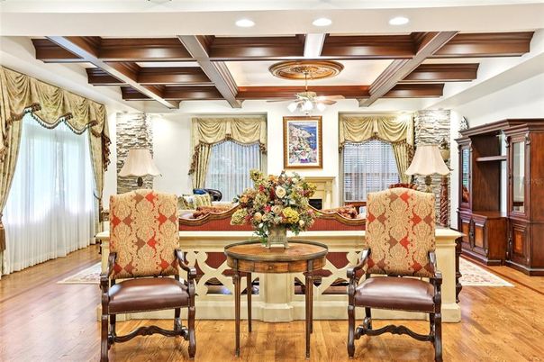 Dining room, Interior, Recessed Lighting, Wooden Beams, Wooden Ceilings, Wood Texture Flooring