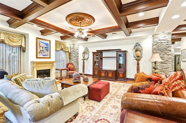 Fireplace, Interior, Living room, Recessed Lighting, Wooden Beams