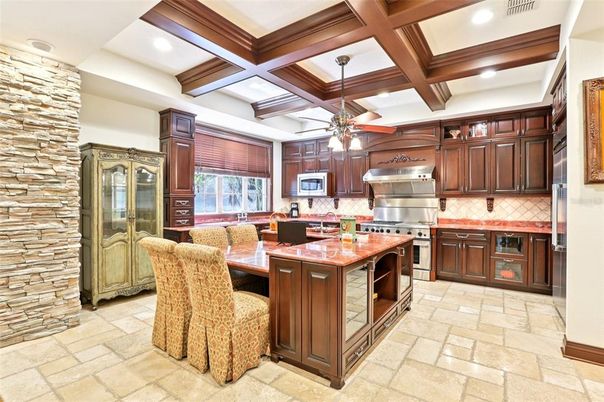 Interior, Kitchen, Recessed Lighting, Stainless Steel Appliances, Stone Walls, Wooden Beams