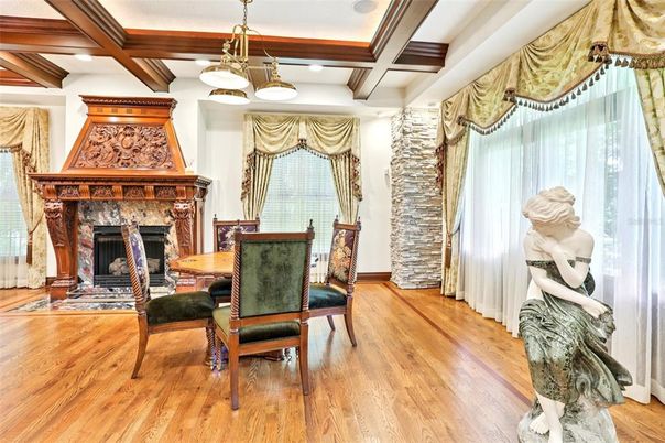 Dining room, Fireplace, Interior, Pendant Lights, Recessed Lighting, Wooden Beams, Wood Texture Flooring